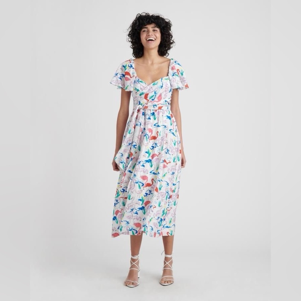 Tanya Taylor 100% Silk Flamingo Midi Teigan Dress Short Sleeve Size 4